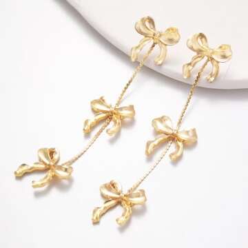 Fashion Bow Earrings for Women Trendy Ribbon Drop Dangle Earrings Statement Jewelry, Gold/Silver Gold