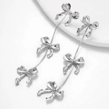 Fashion Bow Earrings for Women Trendy Ribbon Drop Dangle Earrings Statement Jewelry, Gold/Silver Gold