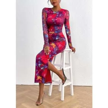 PRETTYGARDEN Women's Bodycon Maxi Dress Fall Spring Fashion Long Sleeve Floral Print Tight Fitted Party Club Ruched Dresses (Navy Red Big Floral,Medium)