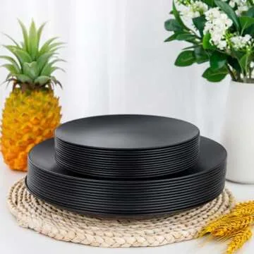 LIYH 32Pcs Black Plastic Durable Plates - Unbreakable and Reusable Plates - Microwave and Dishwasher Safe Lightweight Plates - Camping Plates Outdoor 16 Each