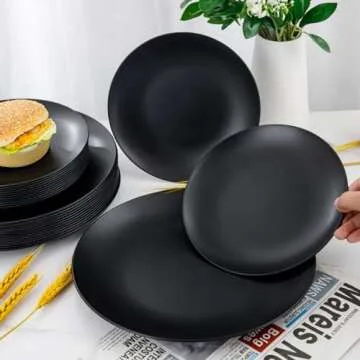 LIYH 32Pcs Black Plastic Durable Plates - Unbreakable and Reusable Plates - Microwave and Dishwasher Safe Lightweight Plates - Camping Plates Outdoor 16 Each