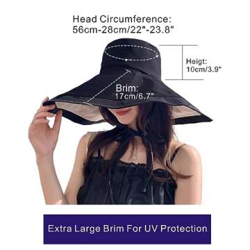 Packable Large Brim Sun Hat for Women - 6.7" Wide-Brim UV-Protection Women's-Sun-Beach-Hats with Strap Black