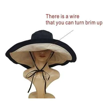 Packable Large Brim Sun Hat for Women - 6.7" Wide-Brim UV-Protection Women's-Sun-Beach-Hats with Strap Black