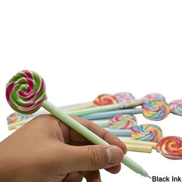 Maydahui 12 PCS Lollipops Pen Rainbow Swirl Spinning Shaped Rollerball Pens Black Gel Ink Multicolor Candy Design for Students Students Girls Valentine's Day