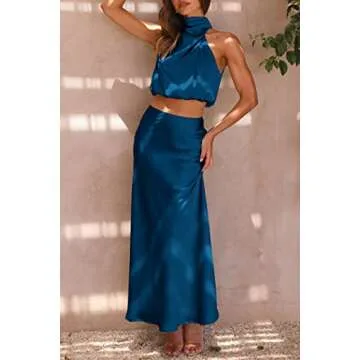 PRETTYGARDEN Women's 2 Piece Satin Outfits Summer Sleeveless Mock Neck Crop Tops and Long Skirt Dress Sets (Dark Blue,Medium)