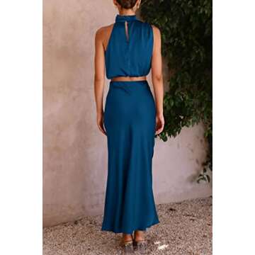 PRETTYGARDEN Women's 2 Piece Satin Outfits Summer Sleeveless Mock Neck Crop Tops and Long Skirt Dress Sets (Dark Blue,Medium)