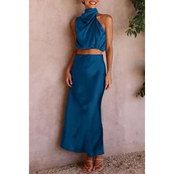 PRETTYGARDEN Women's 2 Piece Satin Outfits Summer Sleeveless Mock Neck Crop Tops and Long Skirt Dress Sets (Dark Blue,Medium)
