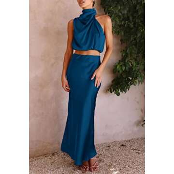 PRETTYGARDEN Women's 2 Piece Satin Outfits Summer Sleeveless Mock Neck Crop Tops and Long Skirt Dress Sets (Dark Blue,Medium)