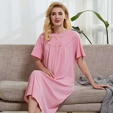 Keyocean Nightgowns for Women, Soft Cotton Comfy Lightweight Short Sleeves Ladies Nightdress for Sleeping, Pink, XX-Large (XXL)
