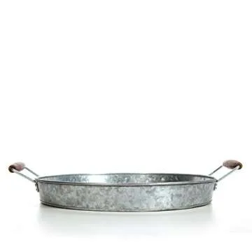 Hosley 16 Inch Diameter (Handle to Handle 19.69 Inch) Galvanized Tray with Wooden Handles. Ideal Gift for Wedding Party Serving Ware House Warming Home Office Spa Aromatherapy. O4