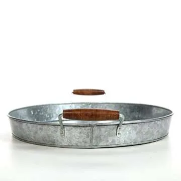 Hosley 16 Inch Diameter (Handle to Handle 19.69 Inch) Galvanized Tray with Wooden Handles. Ideal Gift for Wedding Party Serving Ware House Warming Home Office Spa Aromatherapy. O4