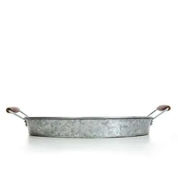 Hosley 16 Inch Diameter (Handle to Handle 19.69 Inch) Galvanized Tray with Wooden Handles. Ideal Gift for Wedding Party Serving Ware House Warming Home Office Spa Aromatherapy. O4