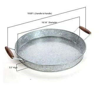 Hosley 16 Inch Diameter (Handle to Handle 19.69 Inch) Galvanized Tray with Wooden Handles. Ideal Gift for Wedding Party Serving Ware House Warming Home Office Spa Aromatherapy. O4