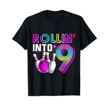 Adorable Rollin' into 9 Bowling Birthday Party Shirt for Girls