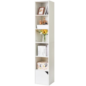 IBUYKE 6 Tier Narrow Bookcase with Doors, Cube CD DVD Storage Cabinet,Slim Media Tower Rack,Cabinet,...