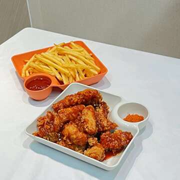 Chip and Dip Serving Platter Set, 4 Pcs Divided Party Trays 7.3'' x 6.7'' Snack Bowl Dishes for Entertaining, Wine Dine Appetizer Plates, Reusable Dumpling Plate with Sauce Holder for Buffet Parties