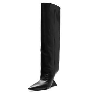 Kluolandi Womens Knee High Boots Sexy Pointed Toe Pull On Strange Wedge Heel Tall Boots for Women Bl...