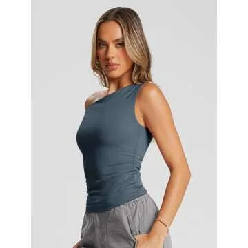 Trendy Queen Womens Off The Shoulder Tops Summer Shirts Going Out Crop Tank Top Plus Size Y2K Fashion Workout Outfits HazeBlue S