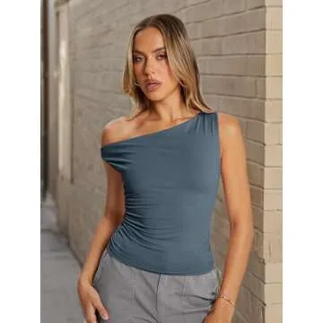 Trendy Queen Womens Off The Shoulder Tops Summer Shirts Going Out Crop Tank Top Plus Size Y2K Fashion Workout Outfits HazeBlue S