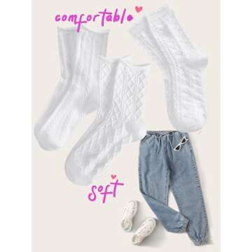 OYOANGLE Women's 3 Pairs Cable Knit Casual Crew Socks Stretchy Solid Simple Socks White One Size