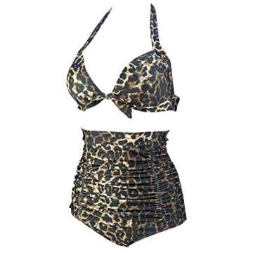 COCOSHIP Brown Beige & Black Leopard Print 50s/80s Retro Tie Front Top Halter High Waist Bikini Set ...