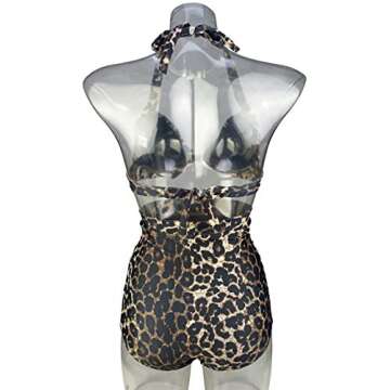 COCOSHIP Brown Beige & Black Leopard Print 50s/80s Retro Tie Front Top Halter High Waist Bikini Set Ruched Bathing Swimsuit XL(US10)