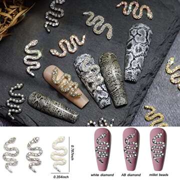 BROVITI 24PCS Mini 3D Snake Nail Art Charms Rhinestones Beads Diamond Alloy Snake Wave Design Gold R...