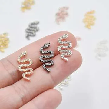 BROVITI 24PCS Mini 3D Snake Nail Art Charms Rhinestones Beads Diamond Alloy Snake Wave Design Gold Rose Gold Silver & Gun Black Retro Nail Jewelry Accessories DIY Crafts Nail Art Decorations (XH-085)