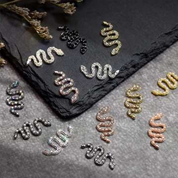 BROVITI 24PCS Mini 3D Snake Nail Art Charms Rhinestones Beads Diamond Alloy Snake Wave Design Gold Rose Gold Silver & Gun Black Retro Nail Jewelry Accessories DIY Crafts Nail Art Decorations (XH-085)