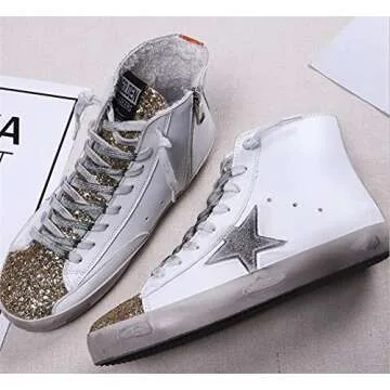 SATUKI Women's High Top Fashion Flat Sneakers Distressed Design Lace up Star Glitter Shoes (Gold, Nu...