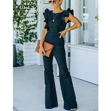 Omoone Women's Flared Denim Jumpsuit Ruffle Sleeve Backless Jeans Jumper Long Rompers