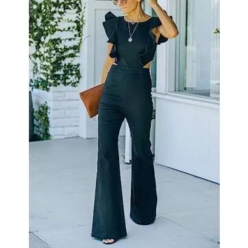 Omoone Women's Flared Denim Jumpsuit Ruffle Sleeve Backless Jeans Jumper Long Rompers