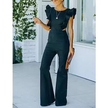 Omoone Women's Flared Denim Jumpsuit Ruffle Sleeve Backless Jeans Jumper Long Rompers