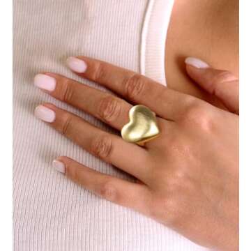 Aprilery Chunky Gold Rings for Women, 14K Gold Plated Statement Band Ring Hypoallergenic Jewelry for Her (Heart, 9)