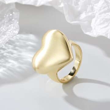 Aprilery Chunky Gold Rings for Women, 14K Gold Plated Statement Band Ring Hypoallergenic Jewelry for Her (Heart, 9)