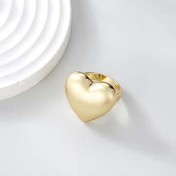 Aprilery Chunky Gold Rings for Women, 14K Gold Plated Statement Band Ring Hypoallergenic Jewelry for Her (Heart, 9)