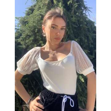 DOROSE Summer Tops for Women 2025 Cute Mesh Short Sleeve Square Neck Blouses White S