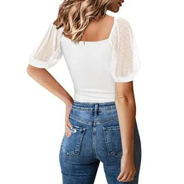 DOROSE Summer Tops for Women 2025 Cute Mesh Short Sleeve Square Neck Blouses White S