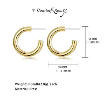 CONRAN KREMIX Chunky Gold Hoop Earrings for Women Thick 14K Real Gold Open Hoop 30MM Lightweight Hollow Earrings For Women