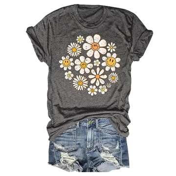 Beopjesk Women's Retro Smiley Face Daisy Shirt Casual Short Sleeve Round Neck Vintage Flower Face Graphic Tees Tops(6-Dark Grey,L)