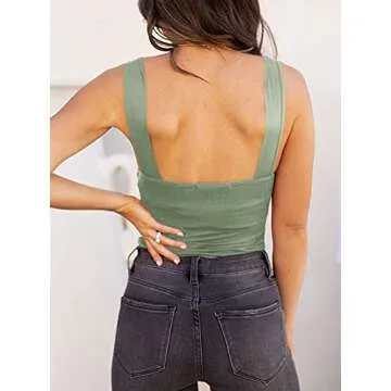 REORIA Womens Sexy Club Square Neck Sleeveless Tank Tops Bodysuits Stretchy Leotard Clubwear Olive Green Small