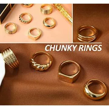 WFYOU 6PCS 18K Gold Plated Thick Dome Chunky Rings for Women Braided Twisted Signet Chunky Gold Ring Set Minimalist Statement Ring Jewelry Size 5-10