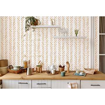 HAOKHOME Boho Peel and Stick Wallpaper Brush Strokes Stripes Removable Terracotta/White Chevron Vinyl Self Adhesive Mural 17.7in x 9.8ft