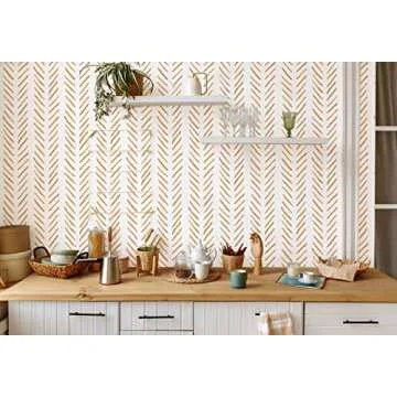 HAOKHOME Boho Peel and Stick Wallpaper Brush Strokes Stripes Removable Terracotta/White Chevron Vinyl Self Adhesive Mural 17.7in x 9.8ft
