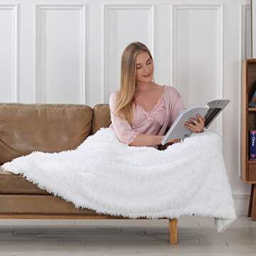Tuddrom Decorative Extra Soft Faux Fur Blanket Queen Size 80"x90",Solid Reversible Fuzzy Long Hair Shaggy Blanket,Fluffy Plush Fleece Comfy Microfiber Fur Blanket for Couch Sofa Bed,Pure White