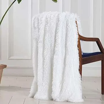 Tuddrom Decorative Extra Soft Faux Fur Blanket Queen Size 80"x90",Solid Reversible Fuzzy Long Hair Shaggy Blanket,Fluffy Plush Fleece Comfy Microfiber Fur Blanket for Couch Sofa Bed,Pure White