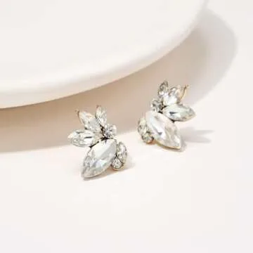 SWEETV Sparkly Gold Rhinestone Stud Earrings for Women, Crystal Wedding Bridal Earrings for Brides,Cluster Bridesmaid Earrings, Prom Formal Party Jewelry