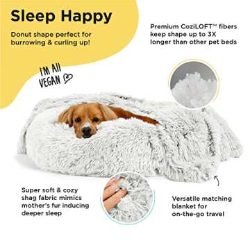 Best Friends by Sheri Bundle Set The Original Calming Shag Donut Cuddler Cat and Dog Bed + Pet Throw Blanket Frost Small 23" x 23"