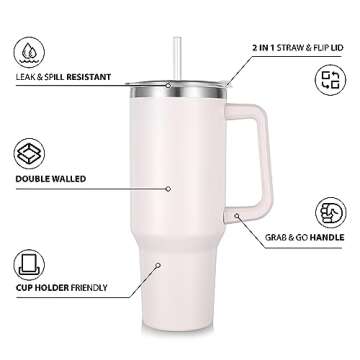 40 oz Tumbler with Handle and Straw, Insulated Stainless Steel Tumbler with 2 In 1 Lid, Double Vacuu...