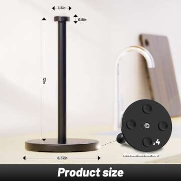 VEHHE Black Paper Towel Holder Countertop, Stainless Steel Paper Towel Holder Stand with Weighted Base Suction Cups for Kitchen Bathroom